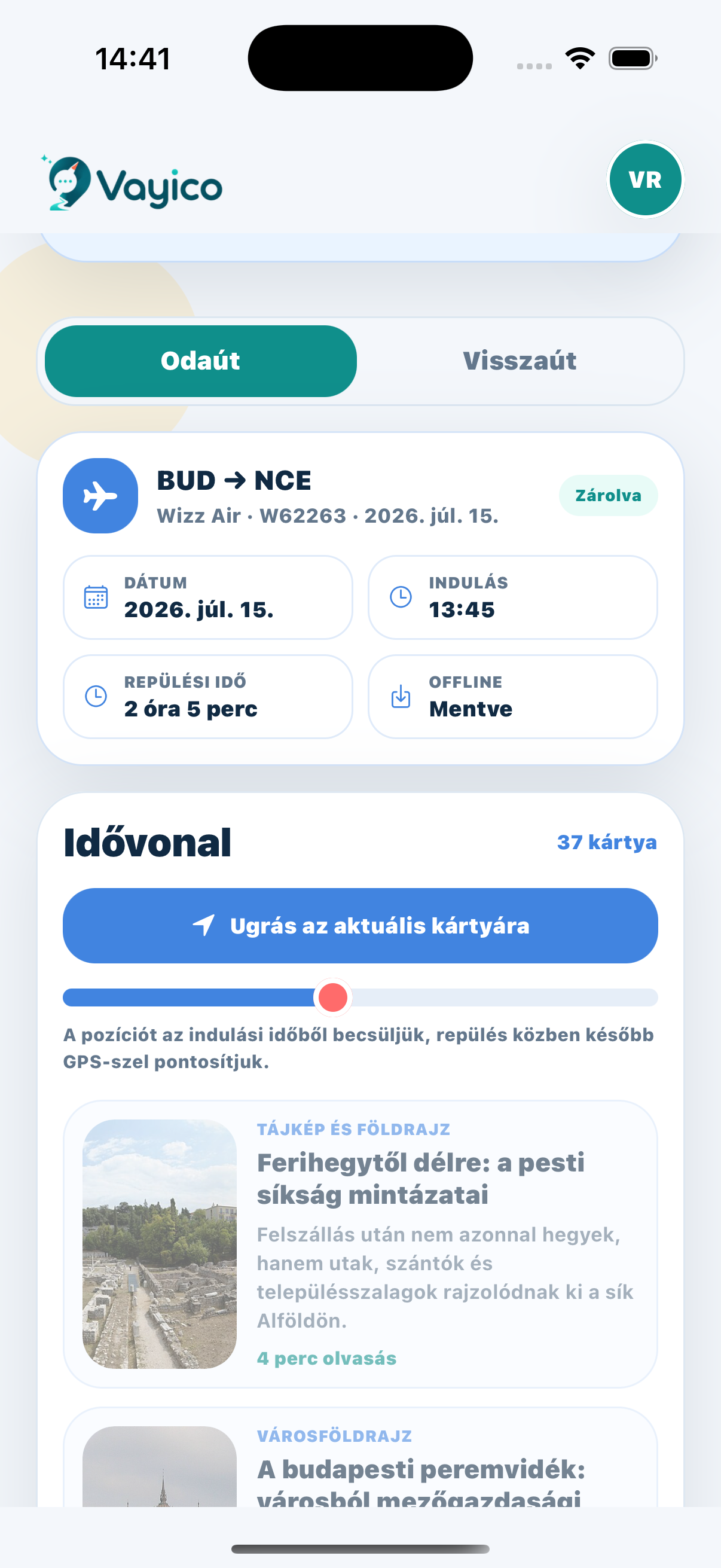 Vayico repülős idővonal offline mentett tartalmakkal