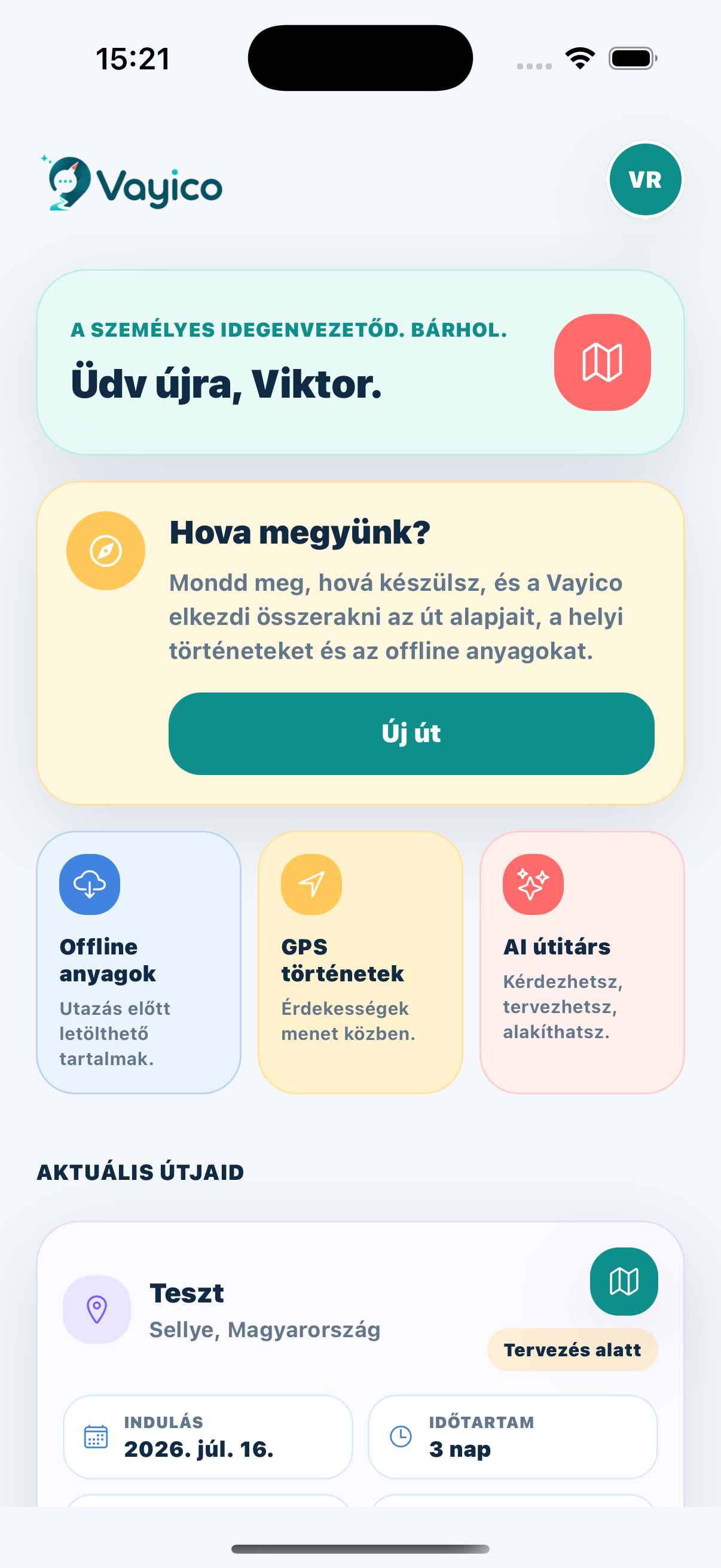 Vayico főképernyő út rögzítéssel és offline funkciókkal