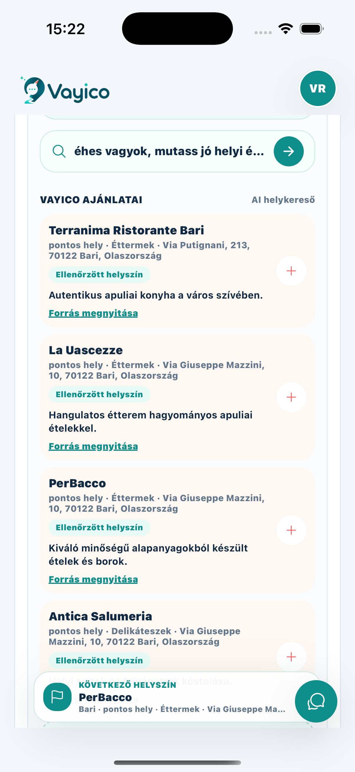 Vayico AI helykereső ajánlott éttermekkel